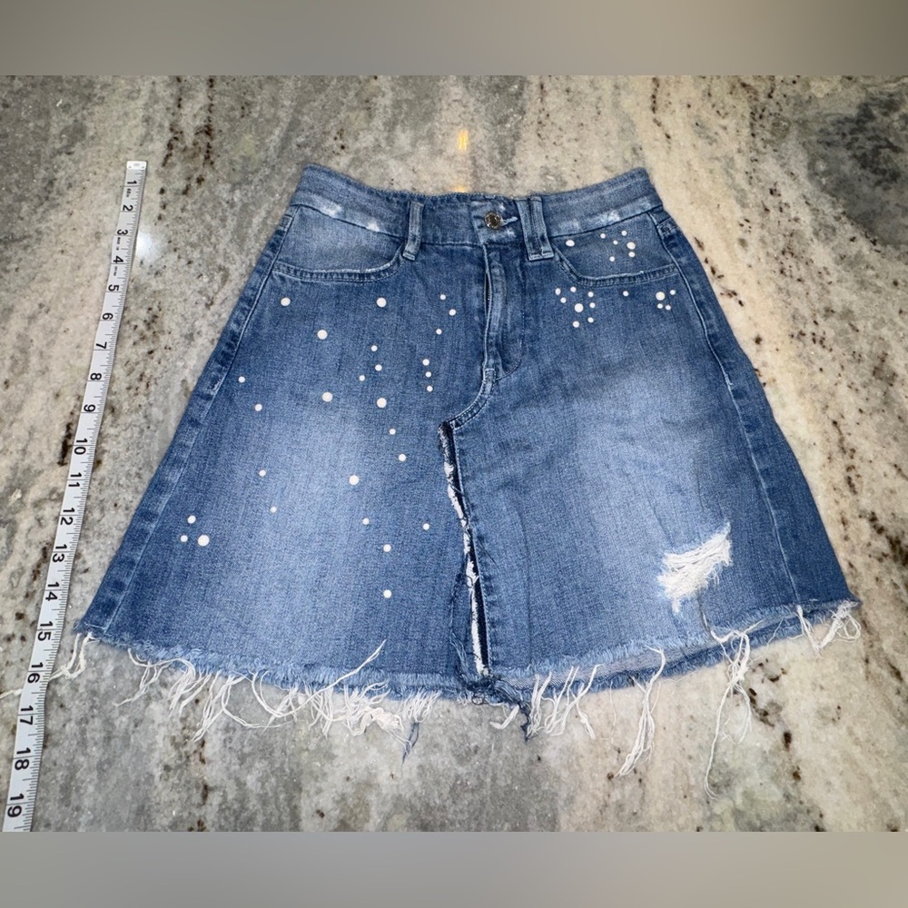 Guess Denim Mini Skirt Womens XS 26” Pearl Embellishment Distressed